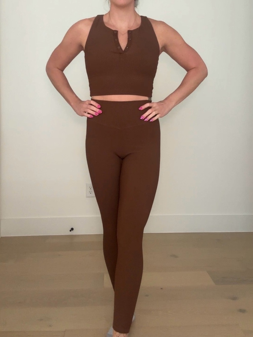 BuffBunny High-Waist Brown Ribbed Leggings & Tank Matching Set Medium
